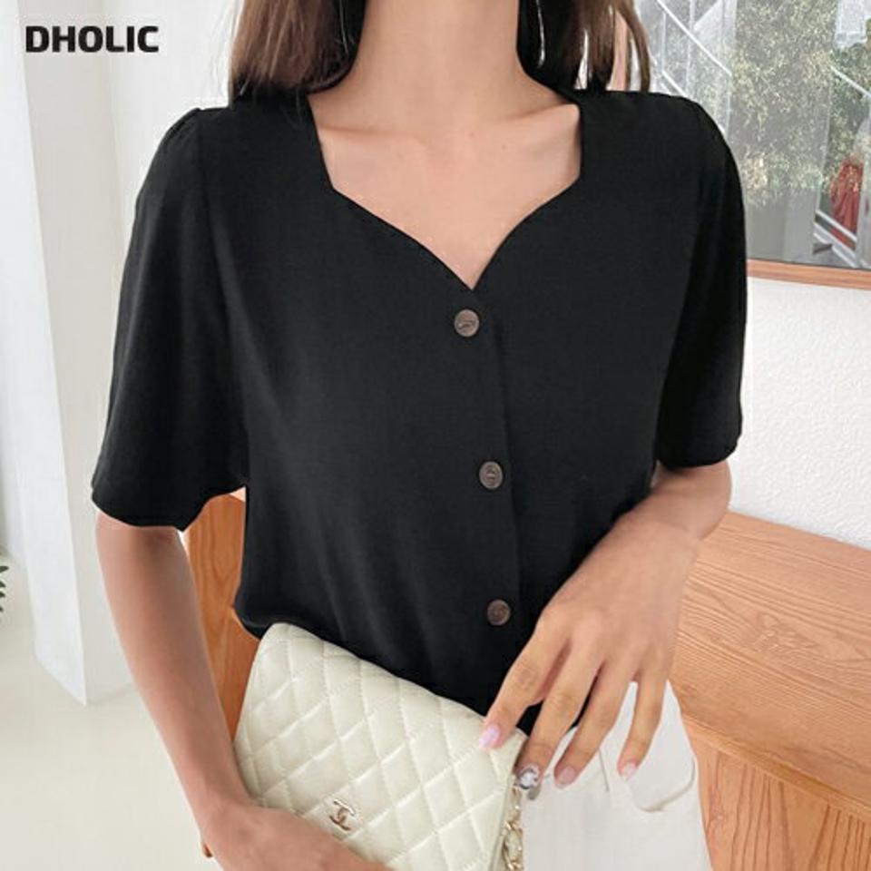 ハートネックボタンブラウス・全4色・t62503 レディース 【bl】韓国ファッション トップス ブラウス 半袖 ガーリー ハートネック レーヨン リネン ボタン スリム フェミニン かわいい カジュアル 上品 夏 春