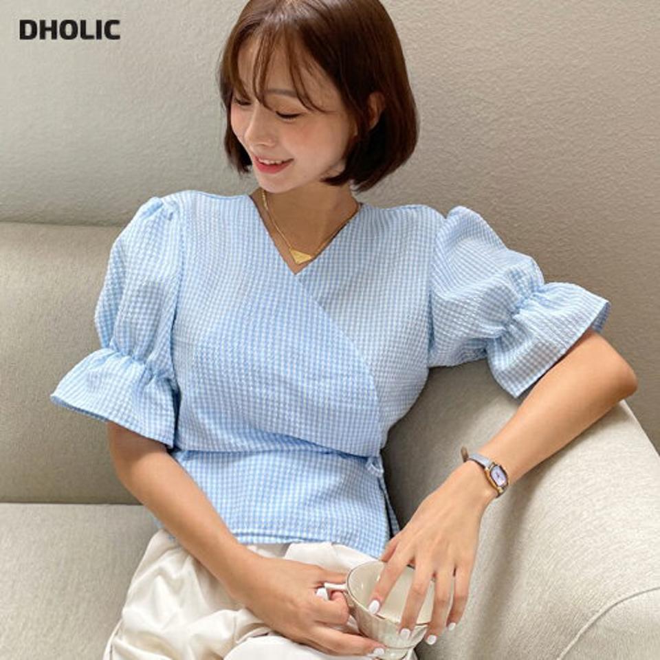 チェックラップブラウス・全3色・t62501 レディース 【bl】韓国 ファッション トップス ブラウス 半袖 ガーリー チェック パターン リボン ラップデザイン スリム Vネック ラップ かわいい カジュアル 上品 夏 春