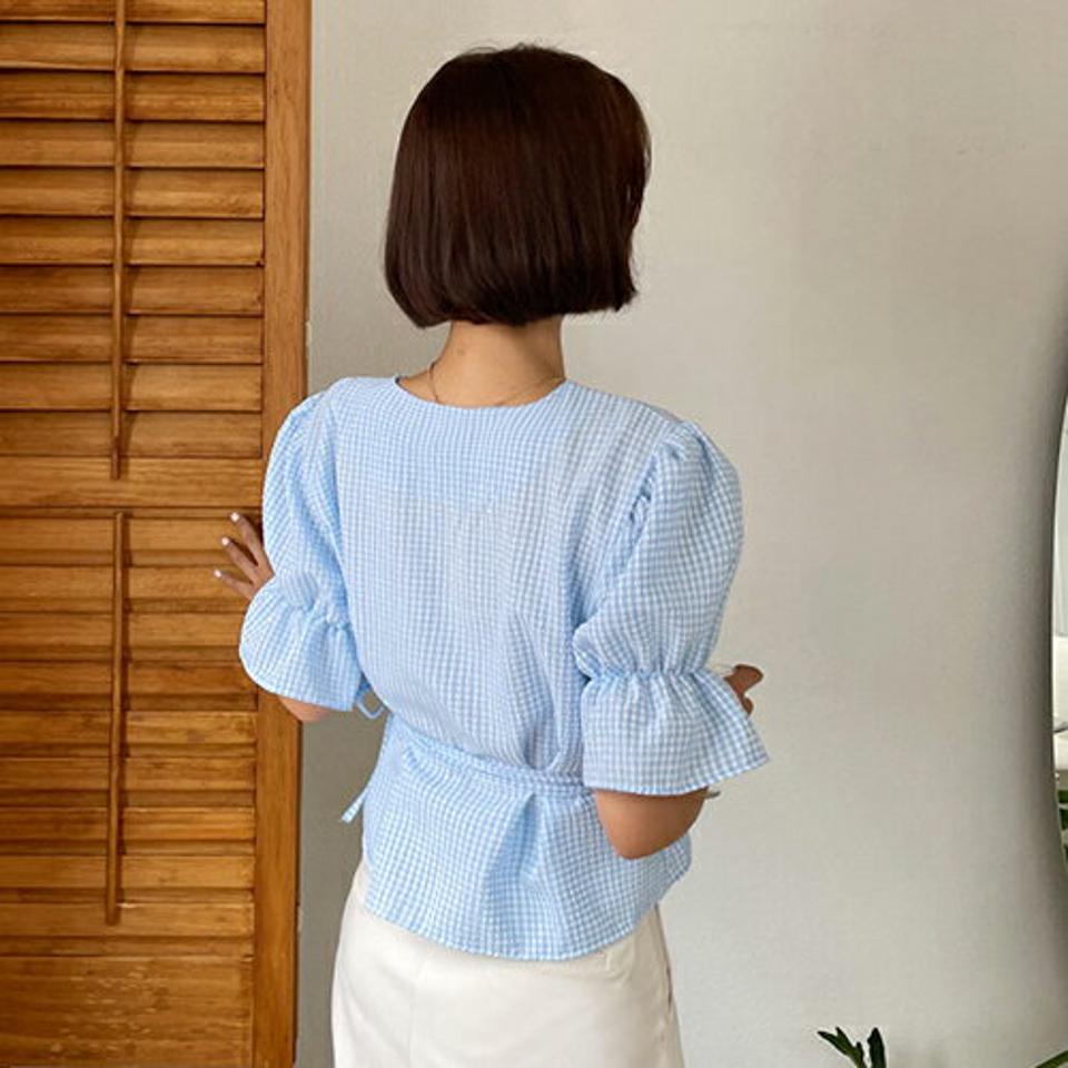 チェックラップブラウス・全3色・t62501 レディース 【bl】韓国 ファッション トップス ブラウス 半袖 ガーリー チェック パターン リボン ラップデザイン スリム Vネック ラップ かわいい カジュアル 上品 夏 春
