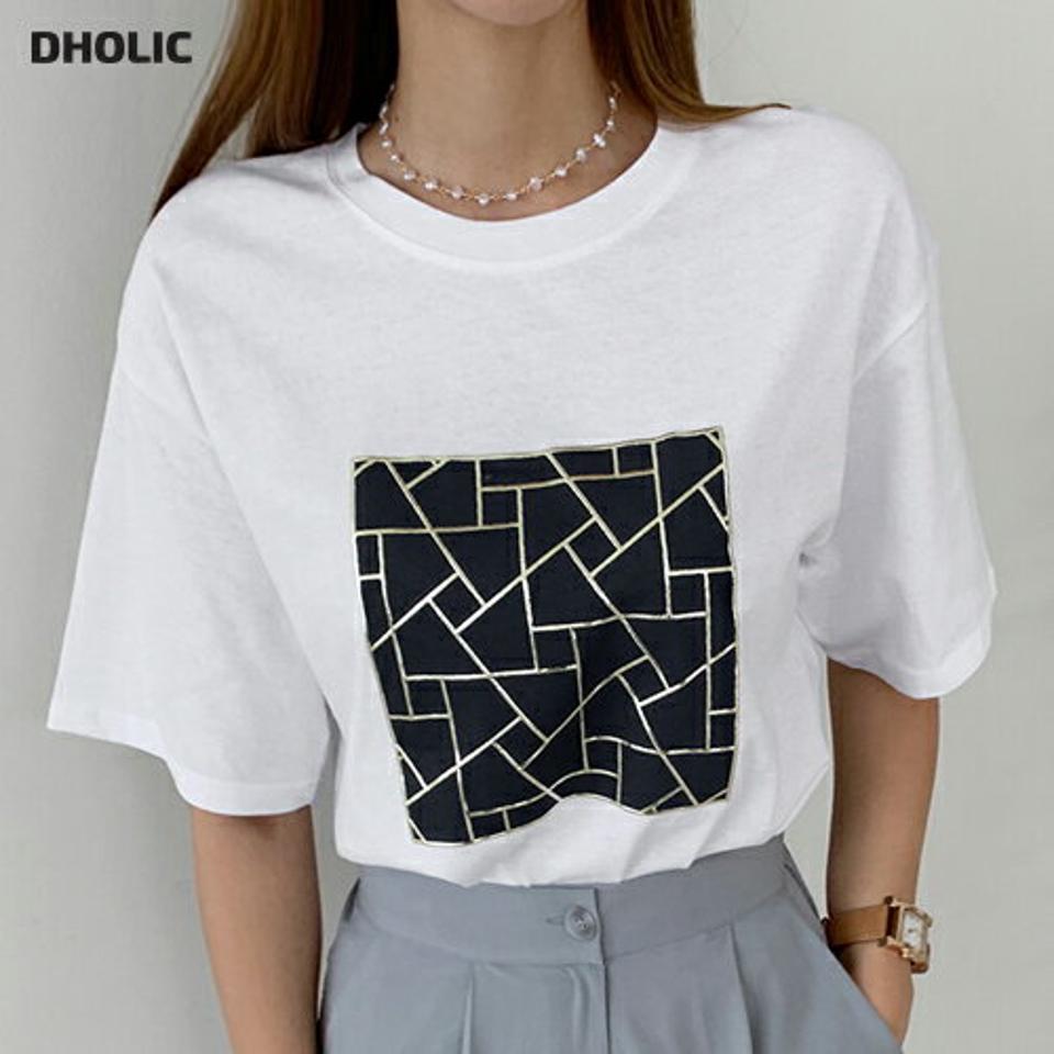 スクエアパターンTシャツ・全3色・t00173 レディース 【tops】トップス Tシャツ 半袖 ハーフスリーブ スクエア 柄 カジュアル ラフ 春 夏 韓国 ファッション ハイホリHIHOLLI