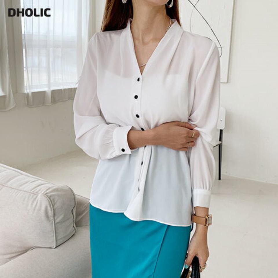 タックネックボタンブラウス・全3色・t00178 レディース 【bl】トップス ブラウス 長袖 タック 単色 無地 シンプル サテン ベーシック 春 秋 韓国ファッション ハイホリHIHOLLI