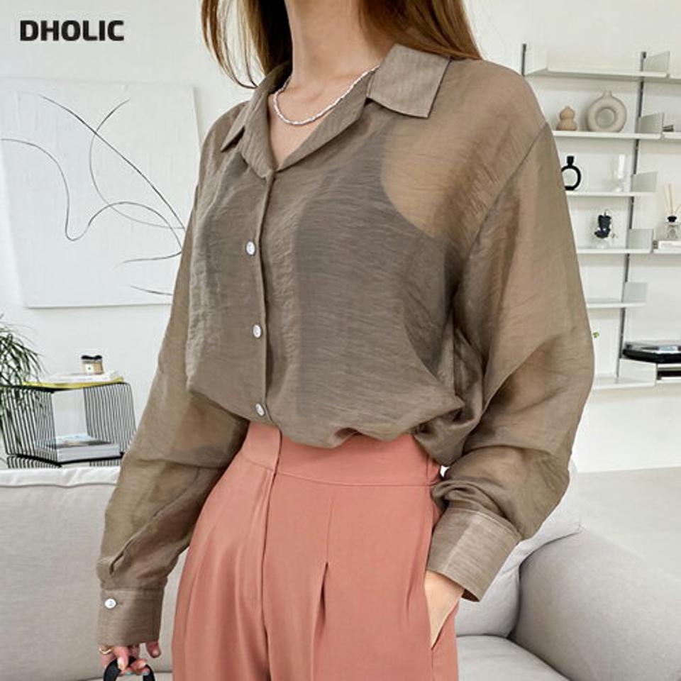 サテンボタンシャツ・全3色・t00179 レディース 【bl】トップス シャツ 長袖 サテン 光沢 単色 無地 シンプル 大人 カジュアル 透け感 シアー シースルー 上品 春 夏 秋 韓国 ファッション ハイホリHIHOLLI