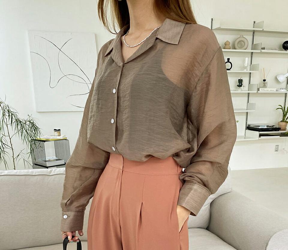 サテンボタンシャツ・全3色・t00179 レディース 【bl】トップス シャツ 長袖 サテン 光沢 単色 無地 シンプル 大人 カジュアル 透け感 シアー シースルー 上品 春 夏 秋 韓国 ファッション ハイホリHIHOLLI