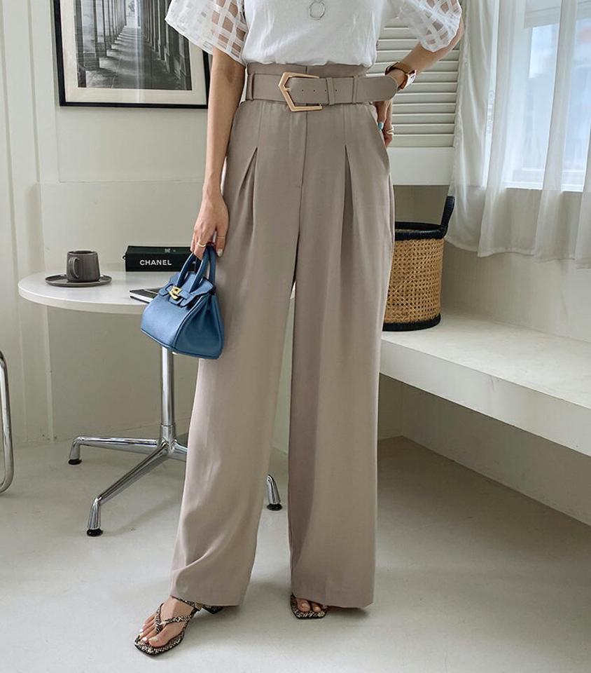 【タイム特価】ベルト付タックワイドパンツ・全4色・t00190 レディース 【pt】パンツ ズボン ロングパンツ ワイド タック ベルト 単色 無地 シンプル 大人 オフィスカジュアル 春 夏 秋 韓国 ファッション ハイホリHIHOLLI【TS】