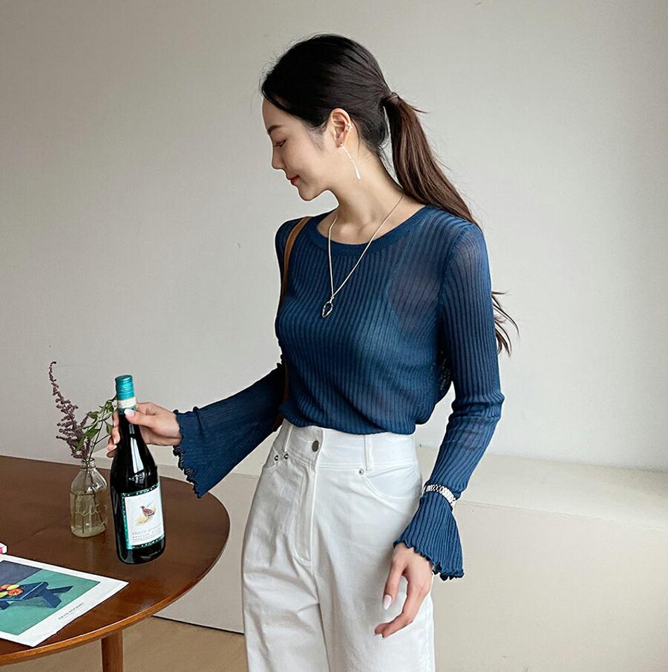 【タイム特価】リブベルスリーブニット・全4色・b57887 レディース 【tops】韓国ファッション トップス ニット 長袖 リブ スリム フィット ラウンドネック タイト 細身 フェミニン 夏 春【TS】セール