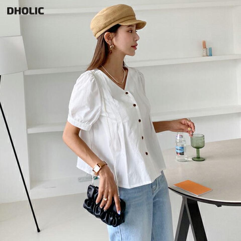 Vネックタックブラウス・全2色・b57864 レディース 【bl】韓国 ファッション トップス ブラウス 半袖 タック Vネック デコルテ パフハーフスリーブ パフスリーブ フェミニン 夏 春