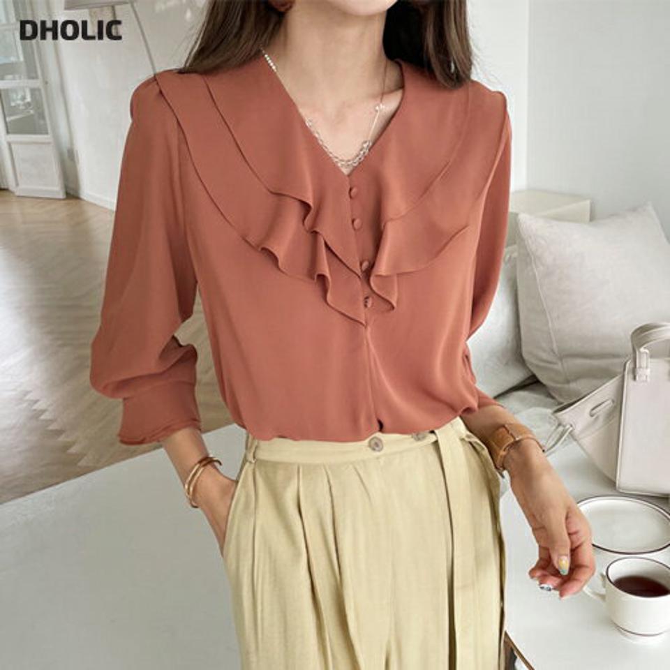フリルVネックブラウス・全6色・t57882 レディース 【bl】韓国 ファッション トップス ブラウス 長袖 ダブルフリル 小顔 Vネック ボタン デコルテ フリル ルーズ フェミニン 上品 カジュアル 夏 春