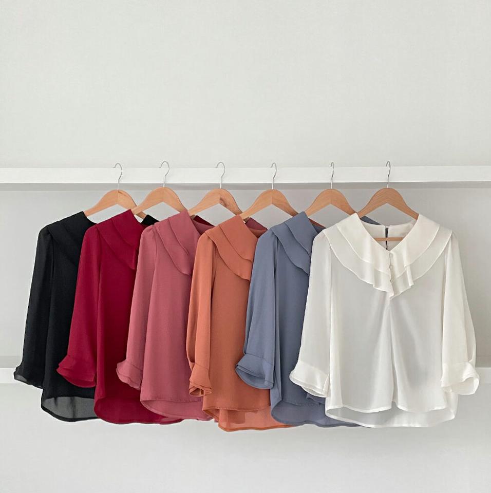 フリルVネックブラウス・全6色・t57882 レディース 【bl】韓国 ファッション トップス ブラウス 長袖 ダブルフリル 小顔 Vネック ボタン デコルテ フリル ルーズ フェミニン 上品 カジュアル 夏 春