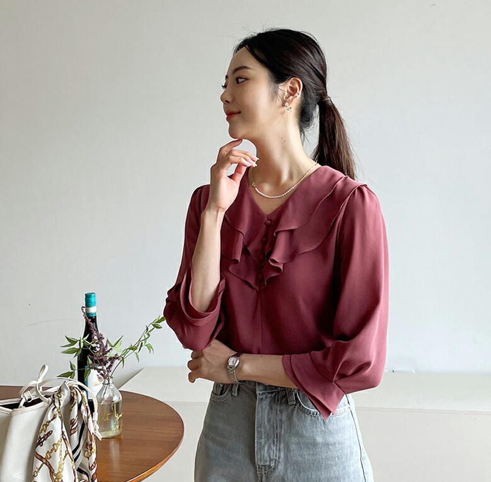 フリルVネックブラウス・全6色・t57882 レディース 【bl】韓国 ファッション トップス ブラウス 長袖 ダブルフリル 小顔 Vネック ボタン デコルテ フリル ルーズ フェミニン 上品 カジュアル 夏 春