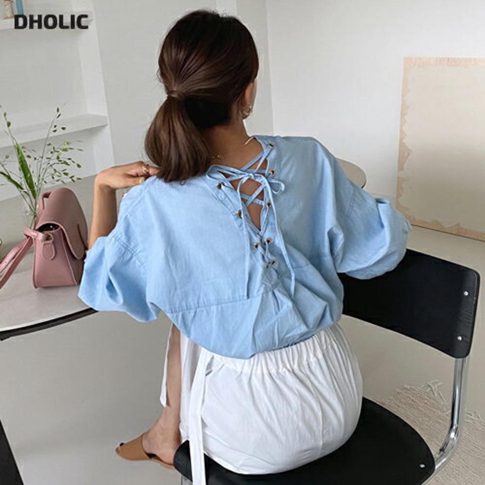 レースアップデニムシャツ・全2色・b57868 レディース 【bl】韓国 ファッション トップス シャツ 長袖 デニム ボタン バックレースアップ レースアップ ルーズ フェミニン 上品 カジュアル 夏 春