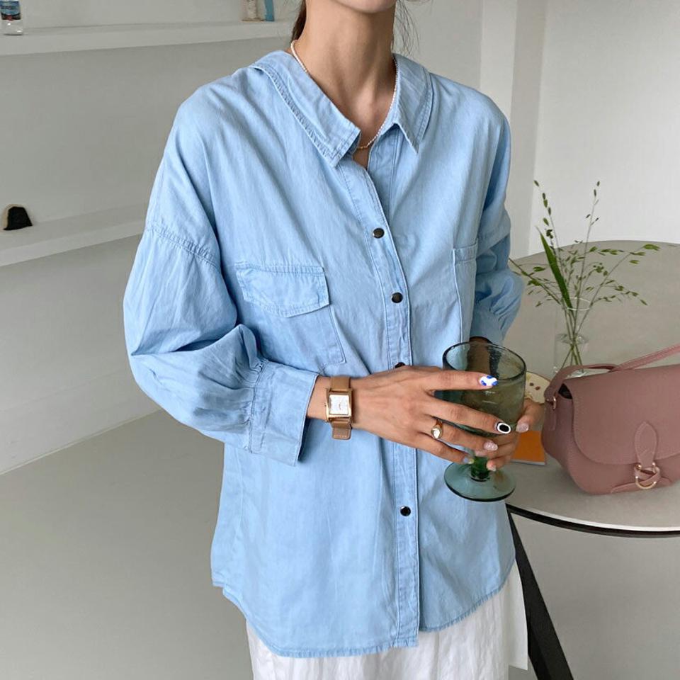 レースアップデニムシャツ・全2色・b57868 レディース 【bl】韓国 ファッション トップス シャツ 長袖 デニム ボタン バックレースアップ レースアップ ルーズ フェミニン 上品 カジュアル 夏 春