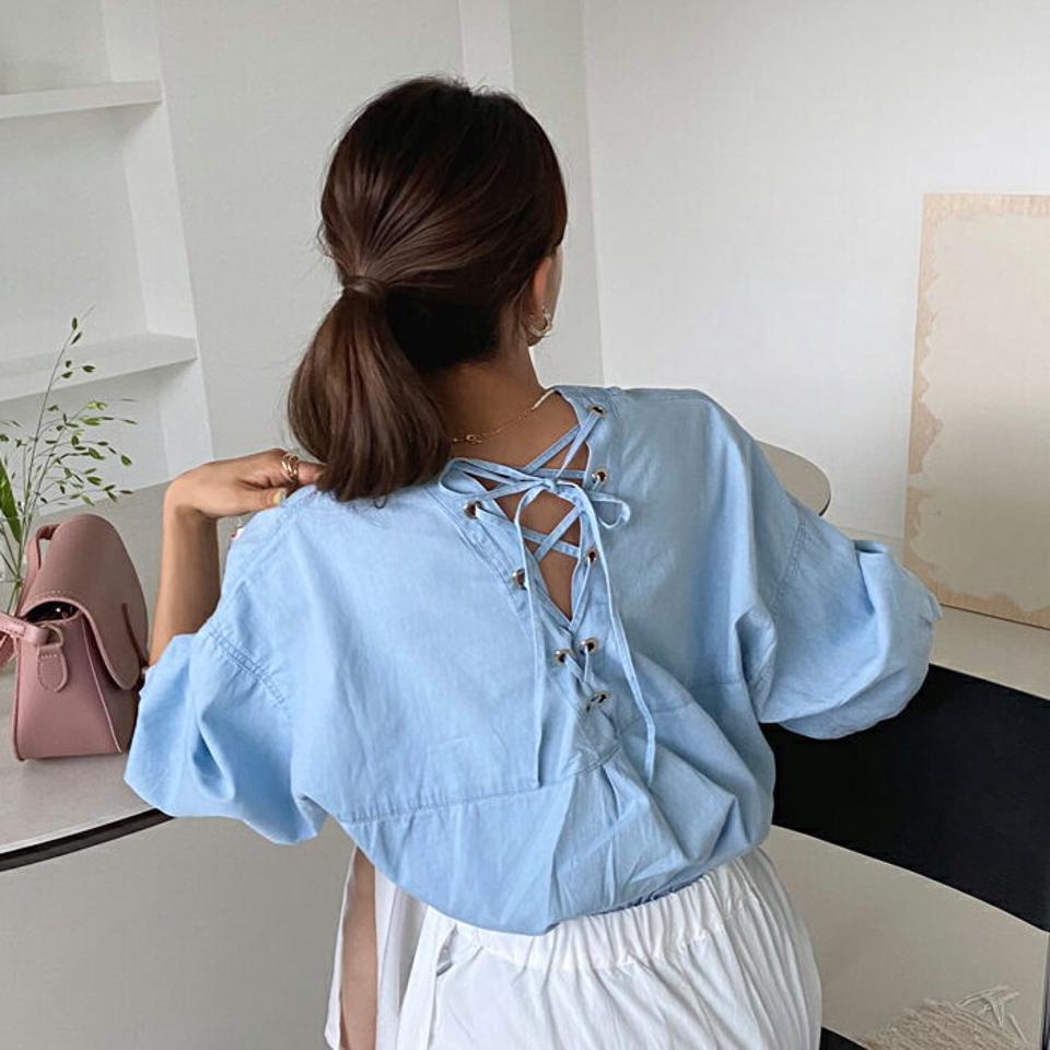 レースアップデニムシャツ・全2色・b57868 レディース 【bl】韓国 ファッション トップス シャツ 長袖 デニム ボタン バックレースアップ レースアップ ルーズ フェミニン 上品 カジュアル 夏 春