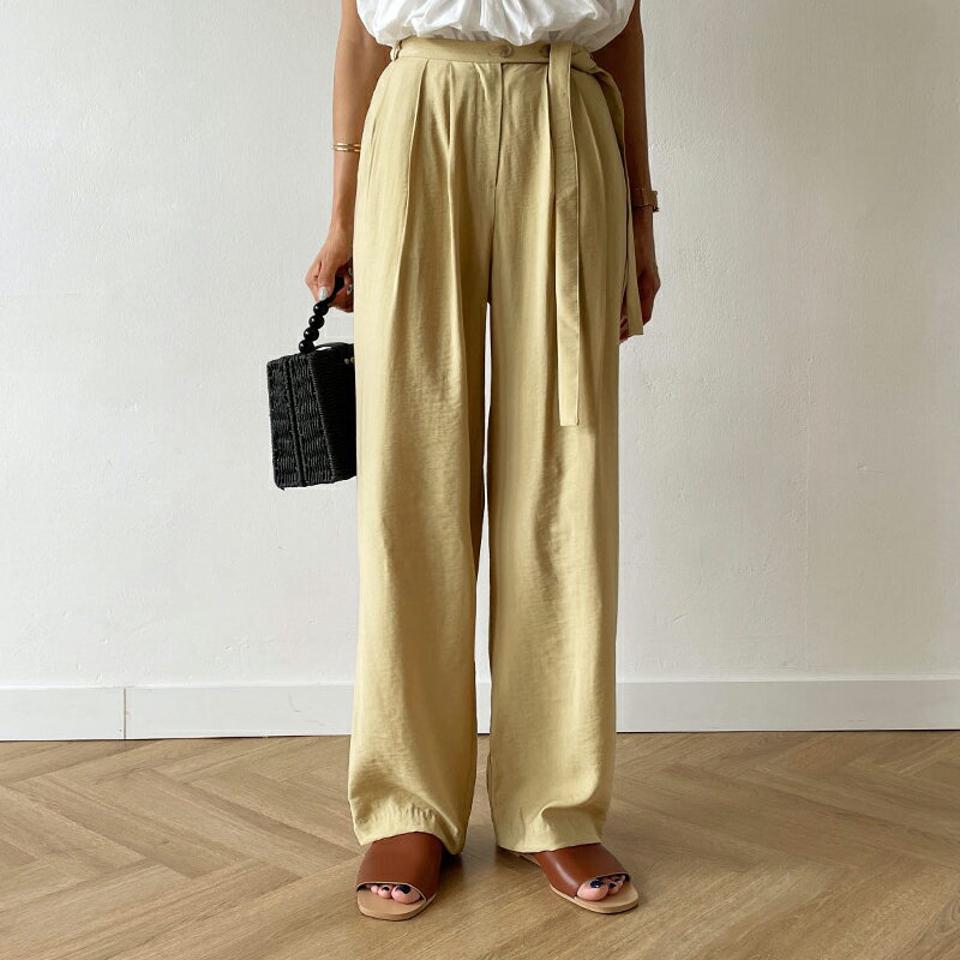 ボタンストラップワイドパンツ・全3色・t57878 レディース 【pt】韓国 ファッション ボトムス ロング ロングパンツ ハイウエスト タックパンツ レーヨン ナイロン ゴム ワイド ストレート ストラップ 体型カーバー 細身 足長 着痩せ 夏 春