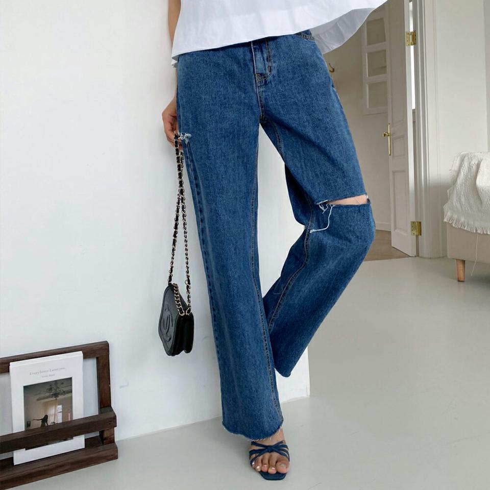 ダメージデニムパンツ・全1色・t57890 レディース 【pt】韓国ファッション ボトムス ロング ロングパンツ 着痩せ ダメージ デニムパンツ カットオフ ビンテージ ストレート 大人 美脚 体型カーバー 細身 足長 ルーズ ゆったり 夏 春