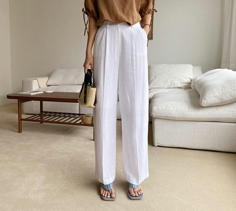 リネン混バックゴムパンツ・全4色・t69694 レディース 【pt】パンツ ズボン ロングパンツ リネン 単色 無地 シンプル ベーシック カジュアル ラフ ベルトループ 春 夏 韓国 ファッション ハイホリHIHOLLI