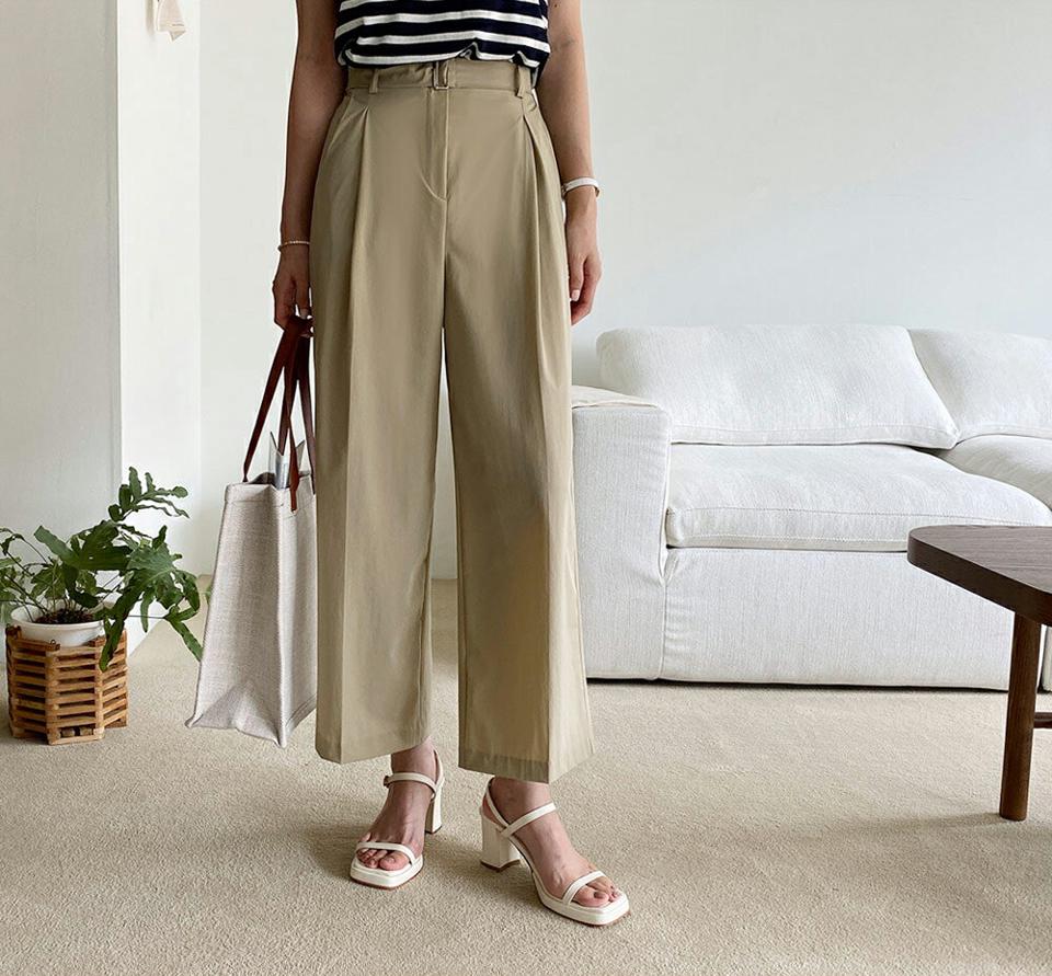 ベルト付スラックス・全2色・t69550 レディース 【pt】スラックス パンツ ズボン ロングパンツ ベルト 単色 無地 シンプル ベーシック 大人 ベルトループ カジュアル ワイド 春 夏 秋 韓国 ファッション ハイホリHIHOLLI