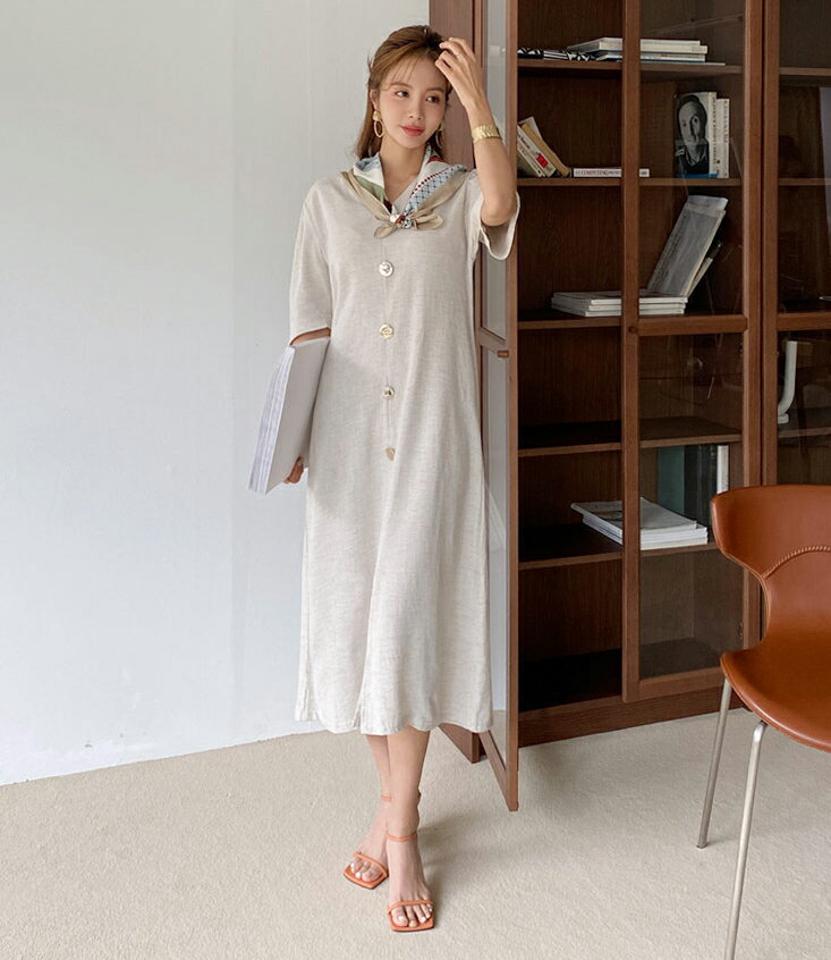 リネン混ロングワンピース・全2色・b69513 レディース 【ops】ワンピ—ス ロング 半袖 ハーフスリーブ リネン 単色 無地 シンプル 体型カバー ゆったり カジュアル ラフ 春 夏 韓国 ファッション ハイホリHIHOLLI