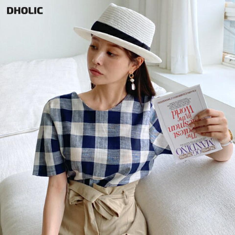 2WAYチェックボタンブラウス・全4色・t69507 レディース 【bl】トップス ブラウス 半袖 ハーフスリーブ チェック柄 ギンガムチェック 前後着用自由 Vネック Uネック ガーリー 春 夏 韓国 ファッション ハイホリHIHOLLI