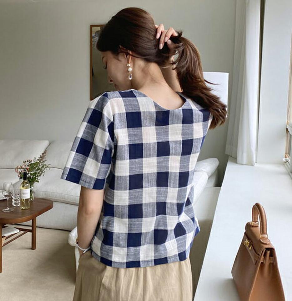 2WAYチェックボタンブラウス・全4色・t69507 レディース 【bl】トップス ブラウス 半袖 ハーフスリーブ チェック柄 ギンガムチェック 前後着用自由 Vネック Uネック ガーリー 春 夏 韓国 ファッション ハイホリHIHOLLI