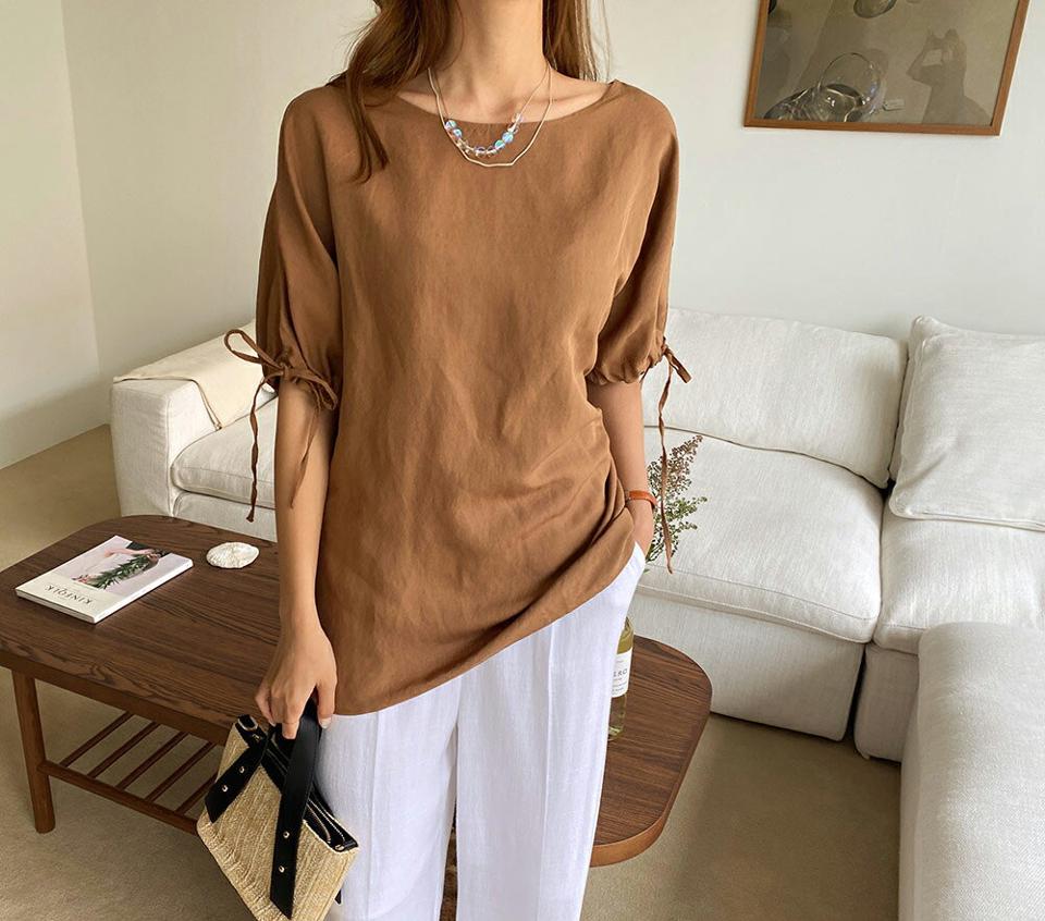 リネン混ドロストスリーブブラウス・全3色・t69542 レディース 【bl】トップス ブラウス 半袖 ハーフスリーブ ドロスト リネン 単色 無地 シンプル ナチュラル ベーシック 大人 カジュアル 楽ちん 春 夏 韓国 ファッション ハイホリHIHOLLI