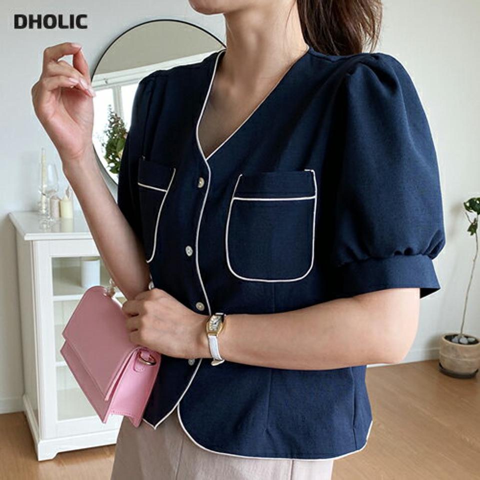 パイピングポケットブラウス・全3色・b69497 レディース 【bl】トップス ブラウス 半袖 ハーフスリーブ ポケット パイピング コントラスト クロップド丈 パフスリーブ パフ袖 大人 春 夏 韓国 ファッション ハイホリHIHOLLI