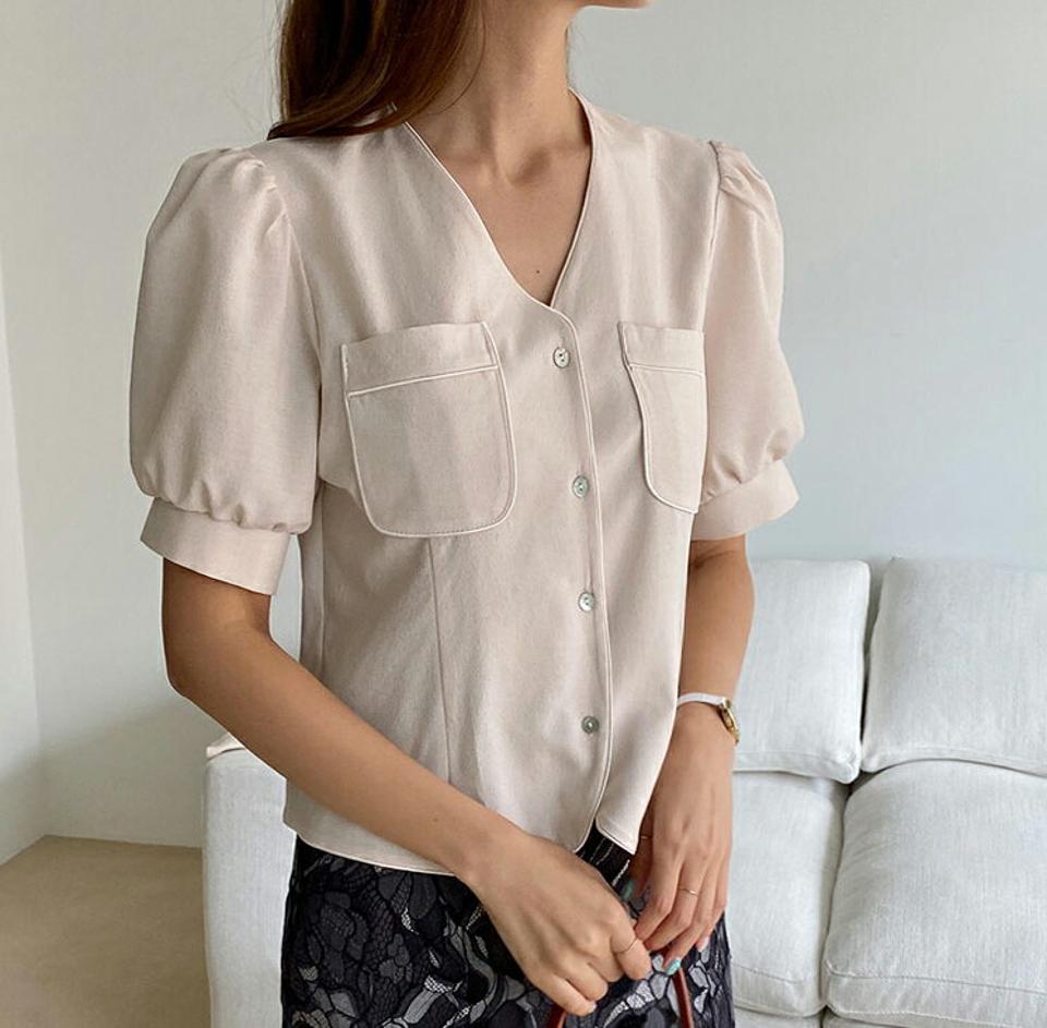 パイピングポケットブラウス・全3色・b69497 レディース 【bl】トップス ブラウス 半袖 ハーフスリーブ ポケット パイピング コントラスト クロップド丈 パフスリーブ パフ袖 大人 春 夏 韓国 ファッション ハイホリHIHOLLI