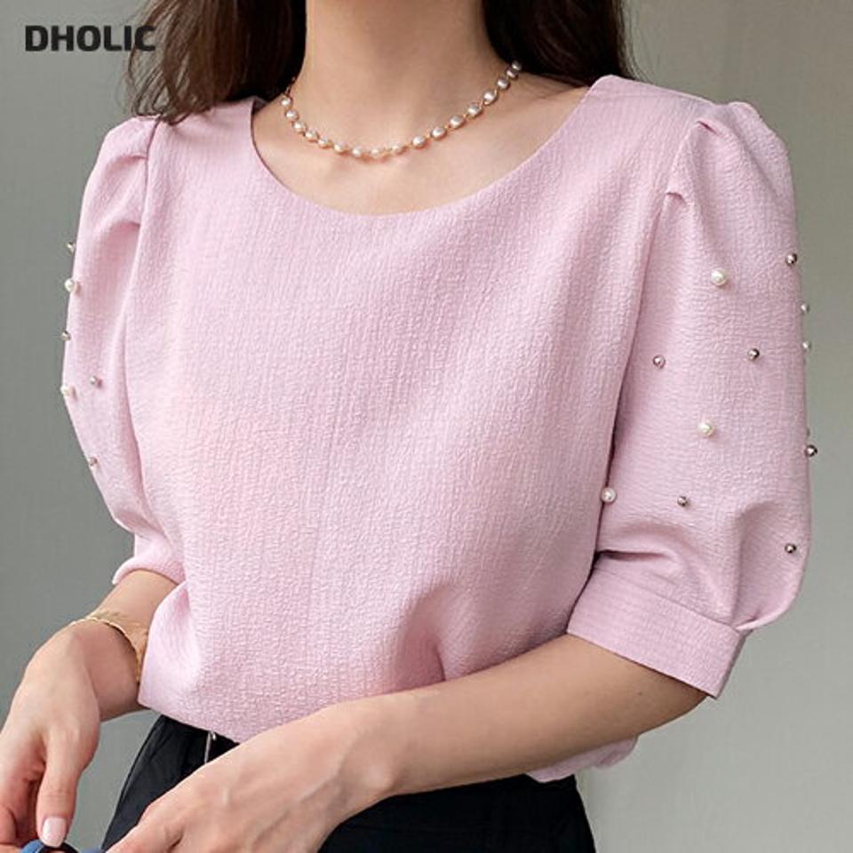 キュービックフェイクパールパフブラウス・全4色・t69536 レディース 【bl】トップス ブラウス パフスリーブ パフ袖 キュービック パール フェミニン 可愛い かわいい 大人 上品 半袖 ハーフスリーブ ギャザー 春 夏 韓国 ファッション ハイホリHIHOLLI