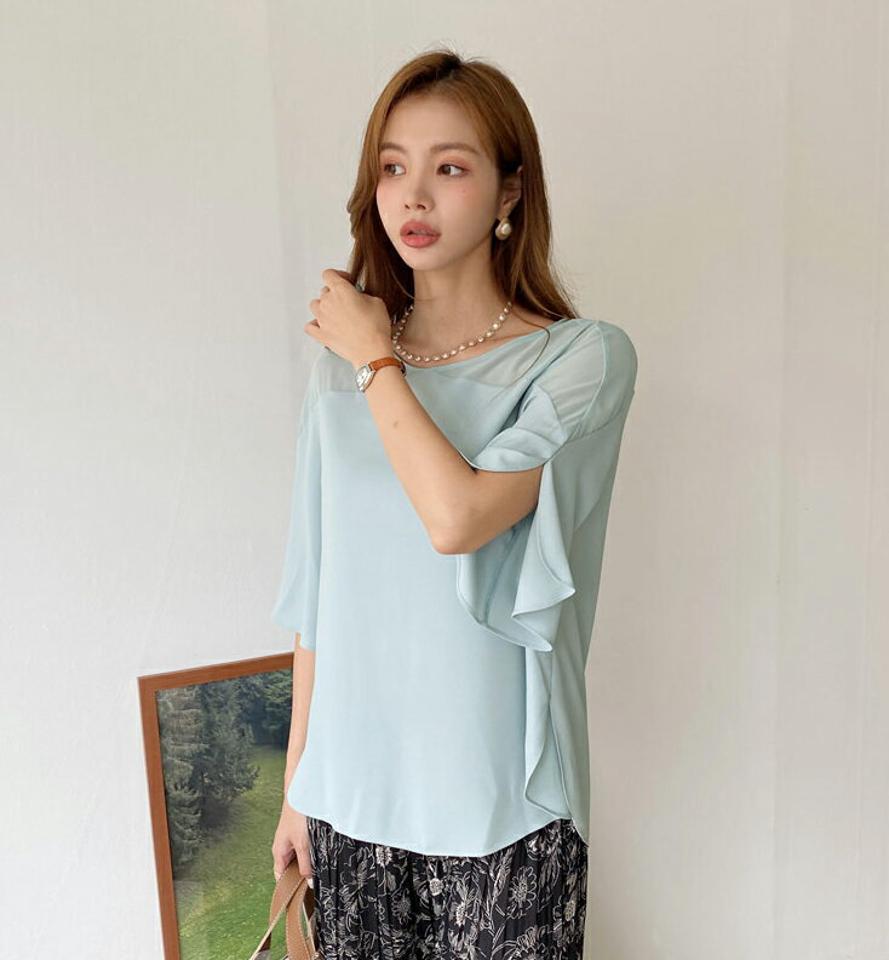 シアーショルダールーズラウス・全3色・b69495 レディース 【bl】トップス ブラウス 半袖 シアー シースルー 透け感 スリット ハーフスリーブ 単色 無地 シンプル 大人 上品 フェミニン 春 夏 韓国 ファッション ハイホリHIHOLLI