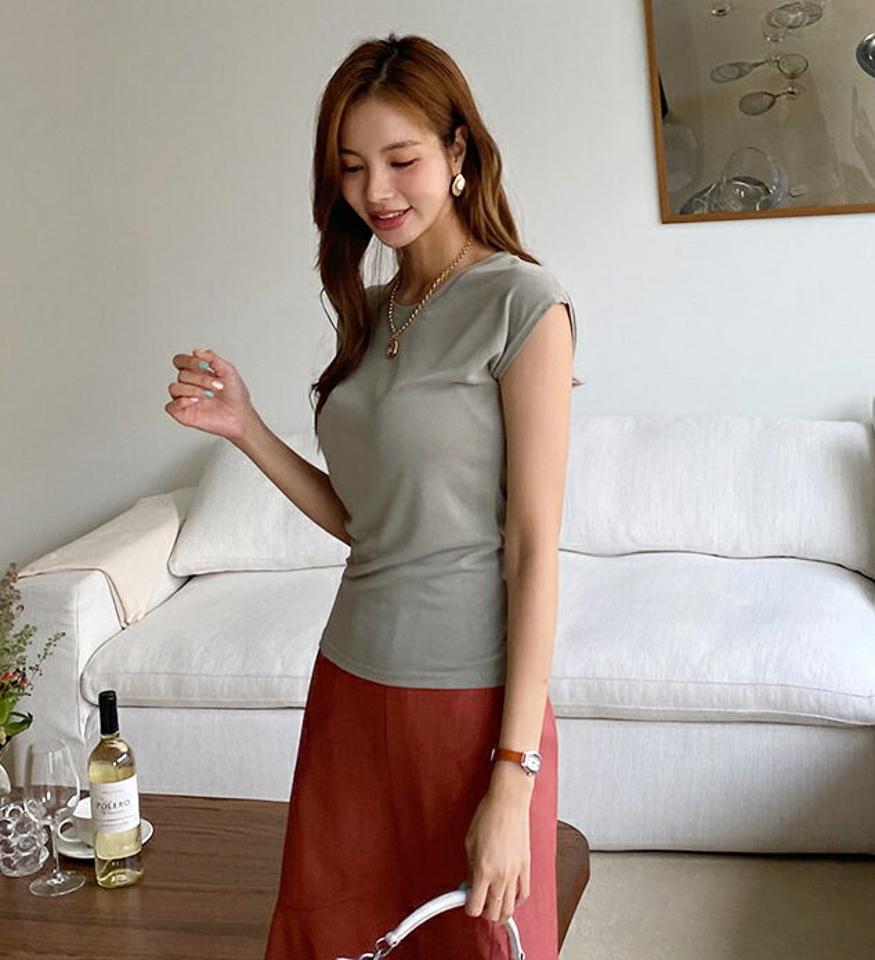 ラウンドフレンチスリーブTシャツ・全4色・t69494 レディース 【tops】トップス Tシャツ フレンチスリーブ ショートスリーブ ラウンドネック 単色 無地 シンプル ベーシック 大人 カジュアル モダール 華奢 着痩せ 春 夏 韓国 ファッション ハイホリHIHOLLI