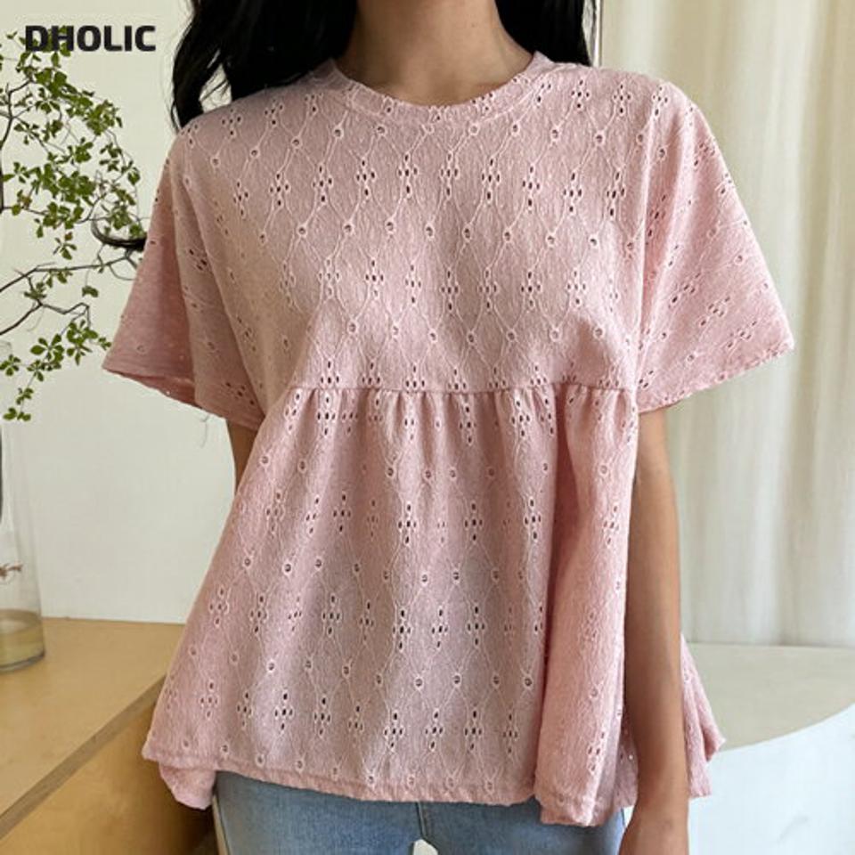 パンチングフレアTシャツ・全4色・b00439 レディース 【tops】韓国 ファッション トップス Tシャツ 半袖 デイリー ギャザー フレア パンチング ラウンドネック 体型カバー ベーシック かわいい シンプル スリム ルーズ ゆったり 春 夏 NIJU