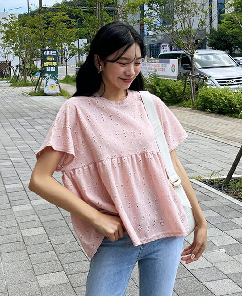 パンチングフレアTシャツ・全4色・b00439 レディース 【tops】韓国 ファッション トップス Tシャツ 半袖 デイリー ギャザー フレア パンチング ラウンドネック 体型カバー ベーシック かわいい シンプル スリム ルーズ ゆったり 春 夏 NIJU