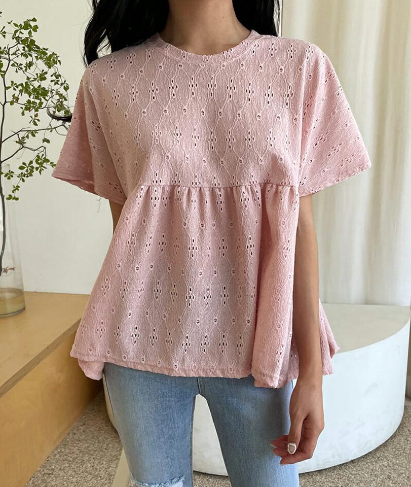 パンチングフレアTシャツ・全4色・b00439 レディース 【tops】韓国 ファッション トップス Tシャツ 半袖 デイリー ギャザー フレア パンチング ラウンドネック 体型カバー ベーシック かわいい シンプル スリム ルーズ ゆったり 春 夏 NIJU