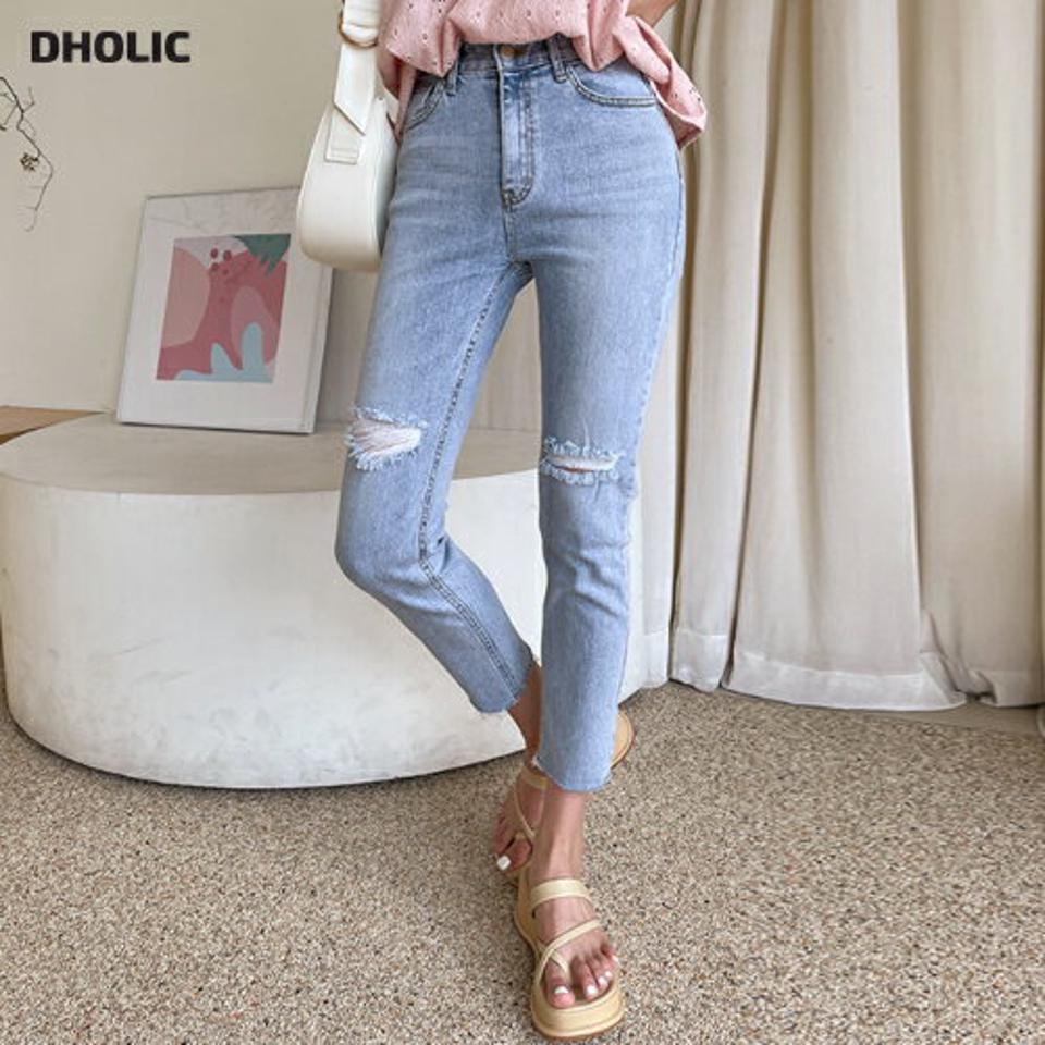 ダメージデニムパンツ・全1色・t00454 レディース 【pt】韓国 ファッション ボトムス パンツ ロング ロングパンツ ベーシック ダメージ デニムパンツ スリム ストレート ベルトループ 美脚 カット 足長 細身 着痩せ 体型カーバー 春 夏 NIJU