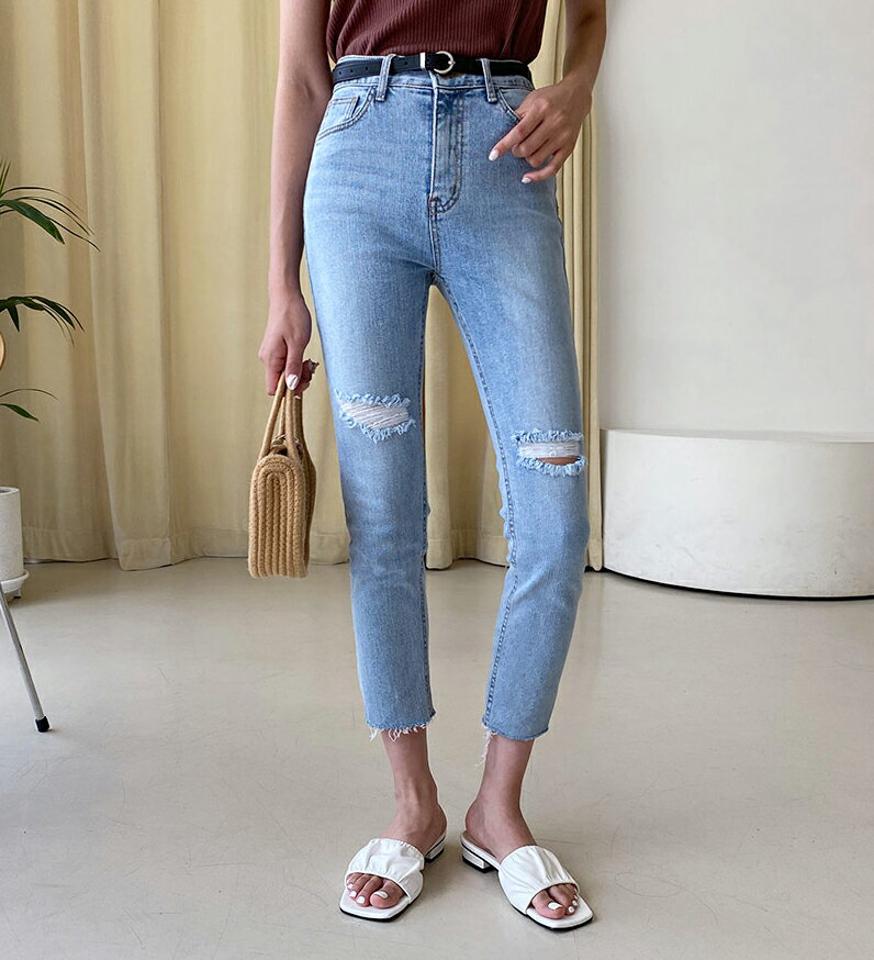 ダメージデニムパンツ・全1色・t00454 レディース 【pt】韓国 ファッション ボトムス パンツ ロング ロングパンツ ベーシック ダメージ デニムパンツ スリム ストレート ベルトループ 美脚 カット 足長 細身 着痩せ 体型カーバー 春 夏 NIJU