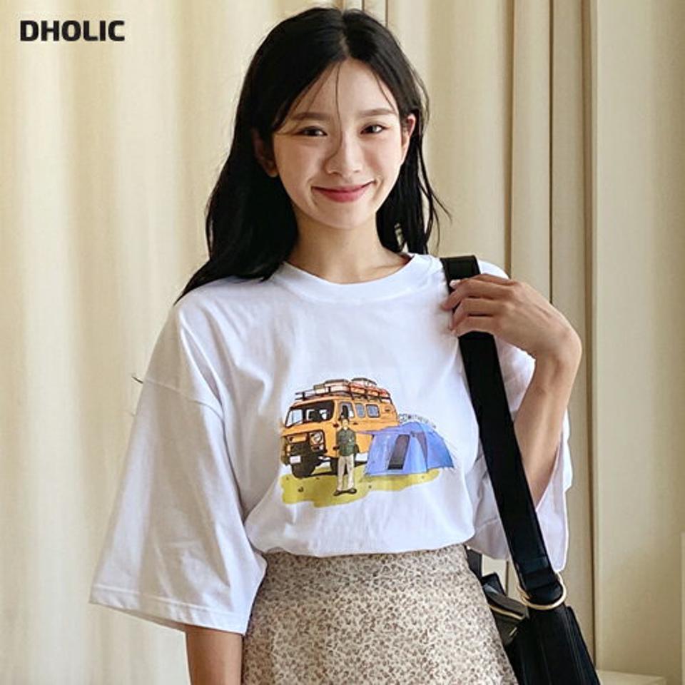 ラウンド半袖プリントTシャツ・全3色・n00467 レディース 【tops】韓国 ファッション トップス Tシャツ 半袖 デイリー プリント ラウンドネック スリット 体型カバー ベーシック かわいい シンプル スリム ルーズ ゆったり 春 夏 NIJU