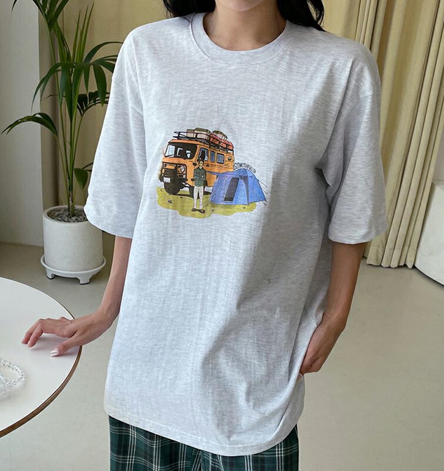 ラウンド半袖プリントTシャツ・全3色・n00467 レディース 【tops】韓国 ファッション トップス Tシャツ 半袖 デイリー プリント ラウンドネック スリット 体型カバー ベーシック かわいい シンプル スリム ルーズ ゆったり 春 夏 NIJU