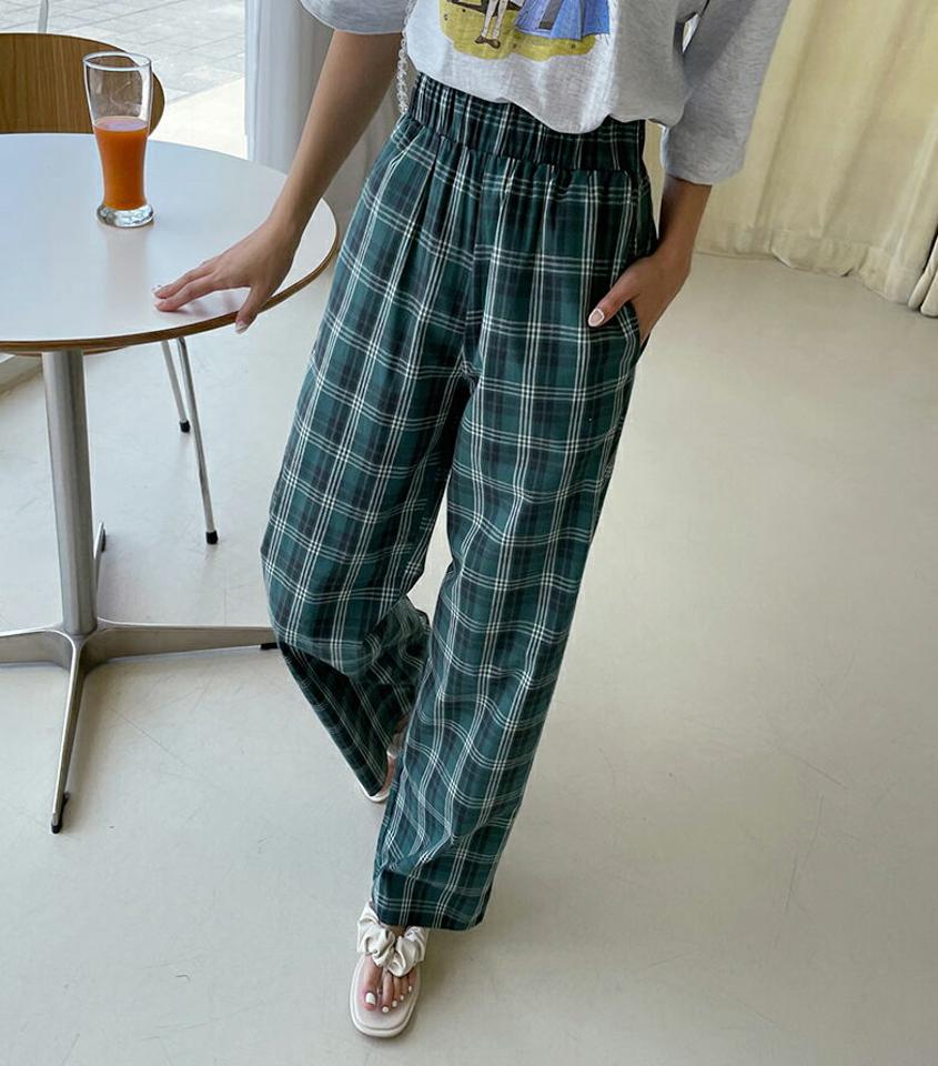 チェックパターンパンツ・全2色・t00452 レディース 【pt】韓国 ファッション ボトムス パンツ ロング ロングパンツ ベーシック チェック パターン コットン ゴム ワイド 美脚 ルーズ 足長 細身 着痩せ 体型カーバー 春 夏 NIJU