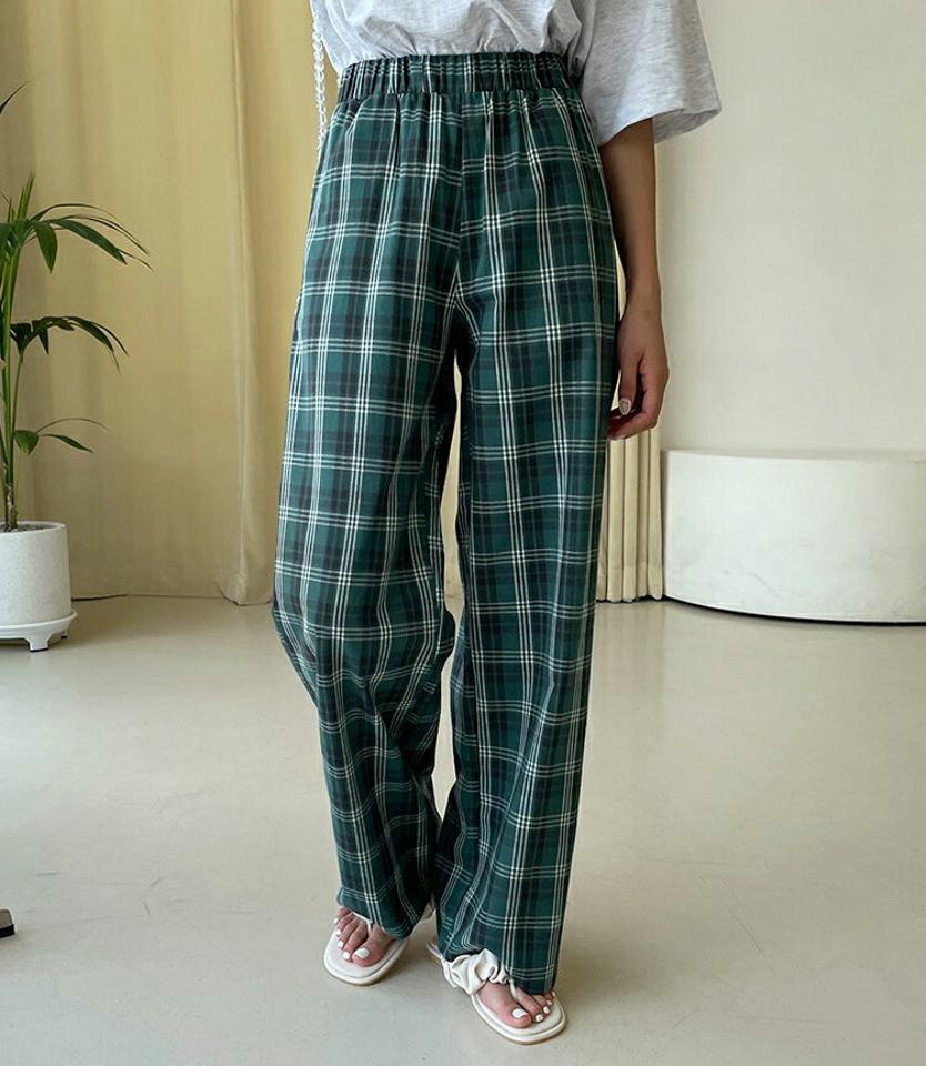 チェックパターンパンツ・全2色・t00452 レディース 【pt】韓国 ファッション ボトムス パンツ ロング ロングパンツ ベーシック チェック パターン コットン ゴム ワイド 美脚 ルーズ 足長 細身 着痩せ 体型カーバー 春 夏 NIJU