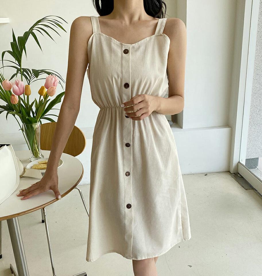 フェイクボタンワンピース・全4色・t00466 レディース 【ops】韓国ファッション ワンピース ミディ ミディワンピース ボタン スリーブレス Aライン 無地 スリム ルーズ ゆったり Aライン ガーリー 春 夏 NIJU