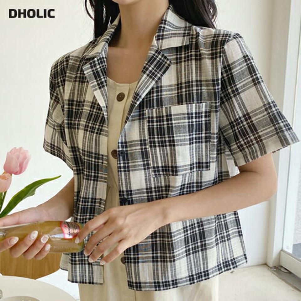 チェックカラーシャツ・全3色・t00440 レディース 【bl】韓国 ファッション トップス シャツ 半袖 チェック柄 コットン カラーネック ハーフ丈 ボタン フェミニン 体型カバー 細身 シンプル ガーリー カジュアル 春 夏 NIJU
