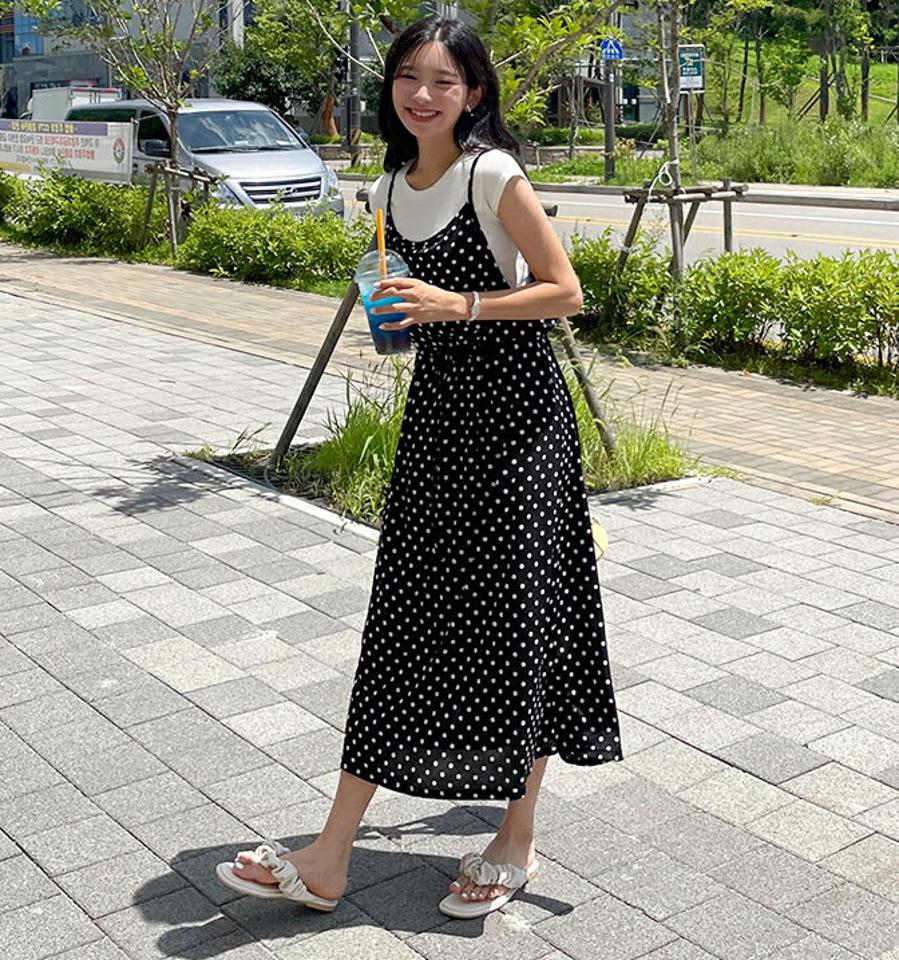 ドットスリーブレスワンピース・全1色・b00446 レディース 【ops】韓国 ファッション ワンピース ロング ロングワンピース ドット パターン スリーブレス キャミソールワンピース キャミ ストリング スリム 体型カバー ルーズ ゆったり 春 夏 NIJU