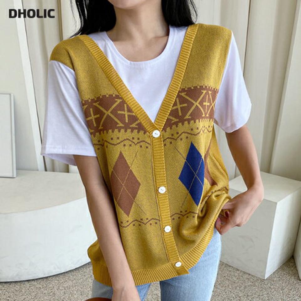 アーガイルレイヤードニット・全3色・b00436 レディース 【tops】韓国 ファッション トップス ニット 半袖 アーガイル柄 異素材 配色 Tシャツ ベスト ラウンドネック レイヤード風 細身 体型カーバー ガーリー デイリー 春 夏 NIJU