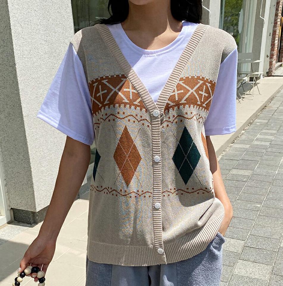 アーガイルレイヤードニット・全3色・b00436 レディース 【tops】韓国 ファッション トップス ニット 半袖 アーガイル柄 異素材 配色 Tシャツ ベスト ラウンドネック レイヤード風 細身 体型カーバー ガーリー デイリー 春 夏 NIJU
