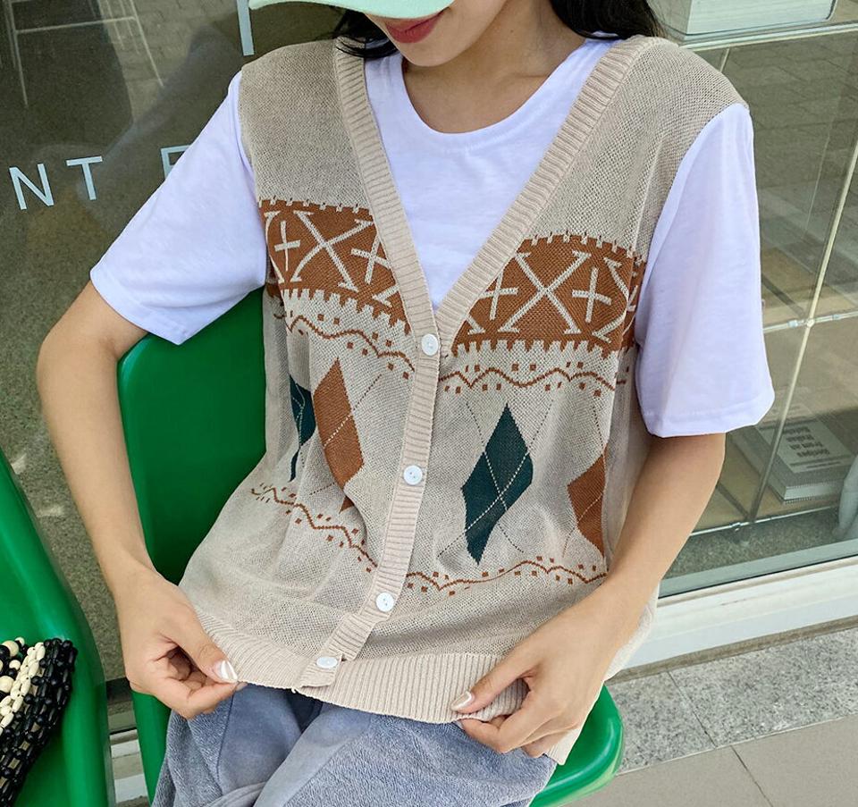 アーガイルレイヤードニット・全3色・b00436 レディース 【tops】韓国 ファッション トップス ニット 半袖 アーガイル柄 異素材 配色 Tシャツ ベスト ラウンドネック レイヤード風 細身 体型カーバー ガーリー デイリー 春 夏 NIJU