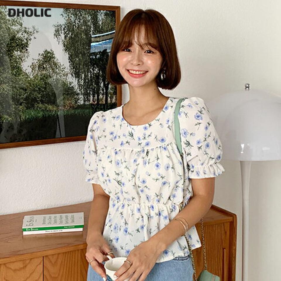 花柄ギャザーブラウス・全3色・t64454 レディース 【bl】韓国 ファッション トップス ブラウス 半袖 花柄 フラワー パターン ゴム シフォン フレア ラウンドネック フェミニン ガーリー 夏 春