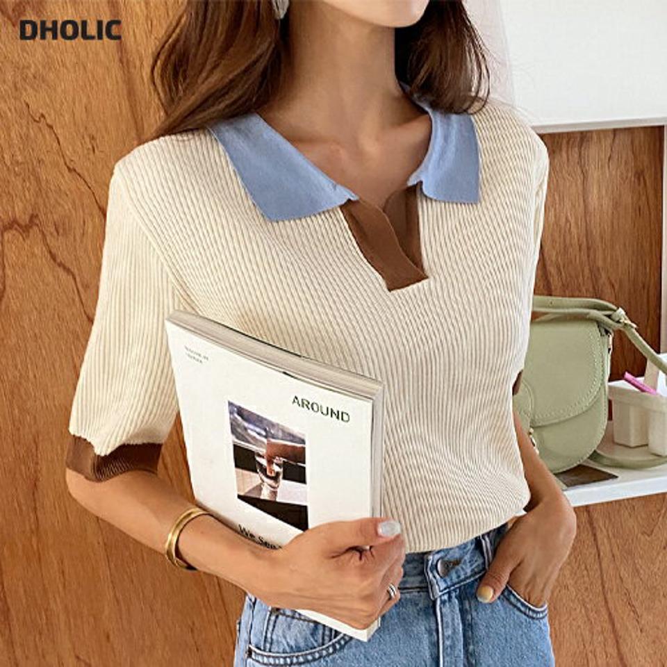 配色半袖カラーニット・全3色・t64451 レディース 【tops】韓国 ファッション トップス ニット 半袖 リブ スリム フィット 配色 スリットネック フィット オープンカラー 体型カバー 細身 フェミニン 夏 春