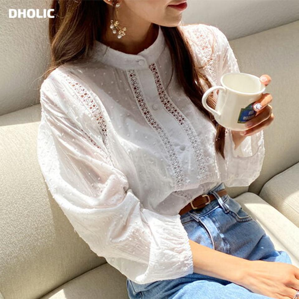 シアーラインボタンブラウス・全1色・b64455 レディース 【bl】韓国 ファッション トップス ブラウス 長袖 シアー ドット テクスチャー バンドカラー ルーズ フェミニン 夏 春