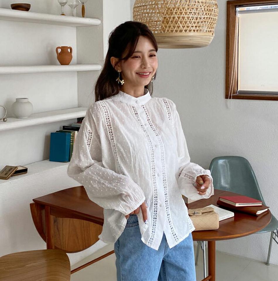 シアーラインボタンブラウス・全1色・b64455 レディース 【bl】韓国 ファッション トップス ブラウス 長袖 シアー ドット テクスチャー バンドカラー ルーズ フェミニン 夏 春