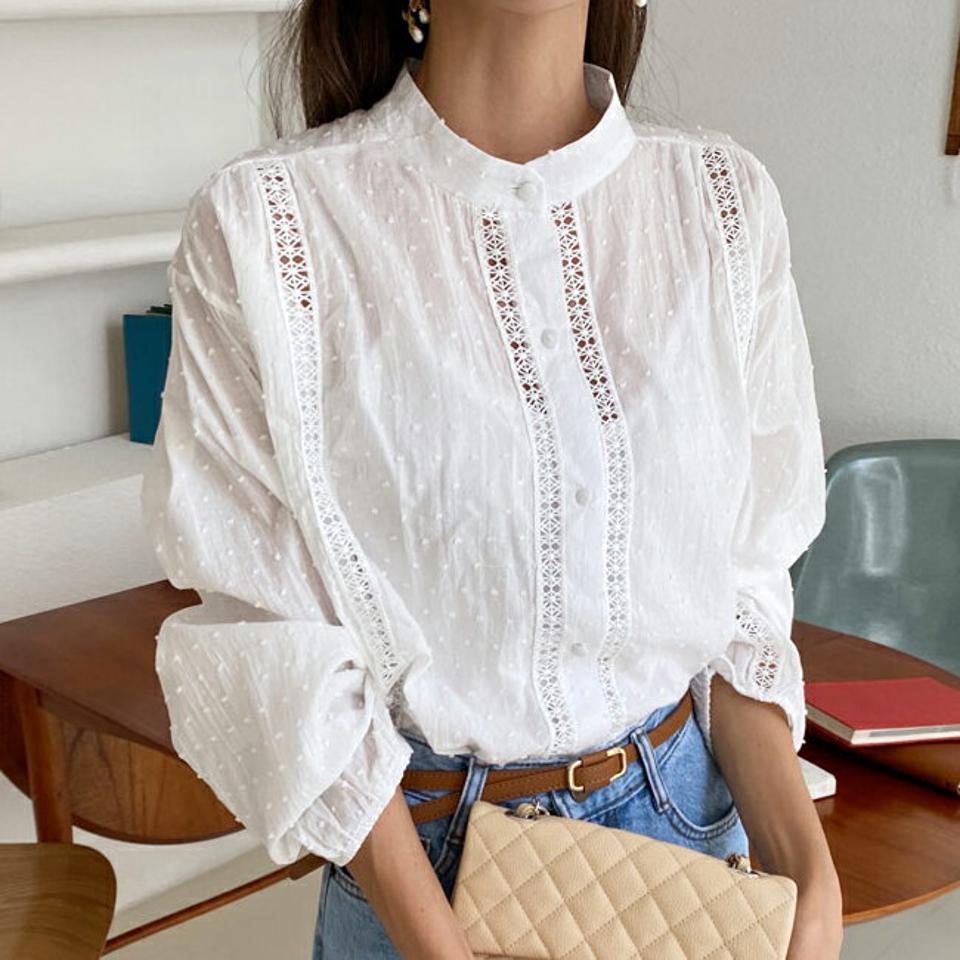 シアーラインボタンブラウス・全1色・b64455 レディース 【bl】韓国 ファッション トップス ブラウス 長袖 シアー ドット テクスチャー バンドカラー ルーズ フェミニン 夏 春