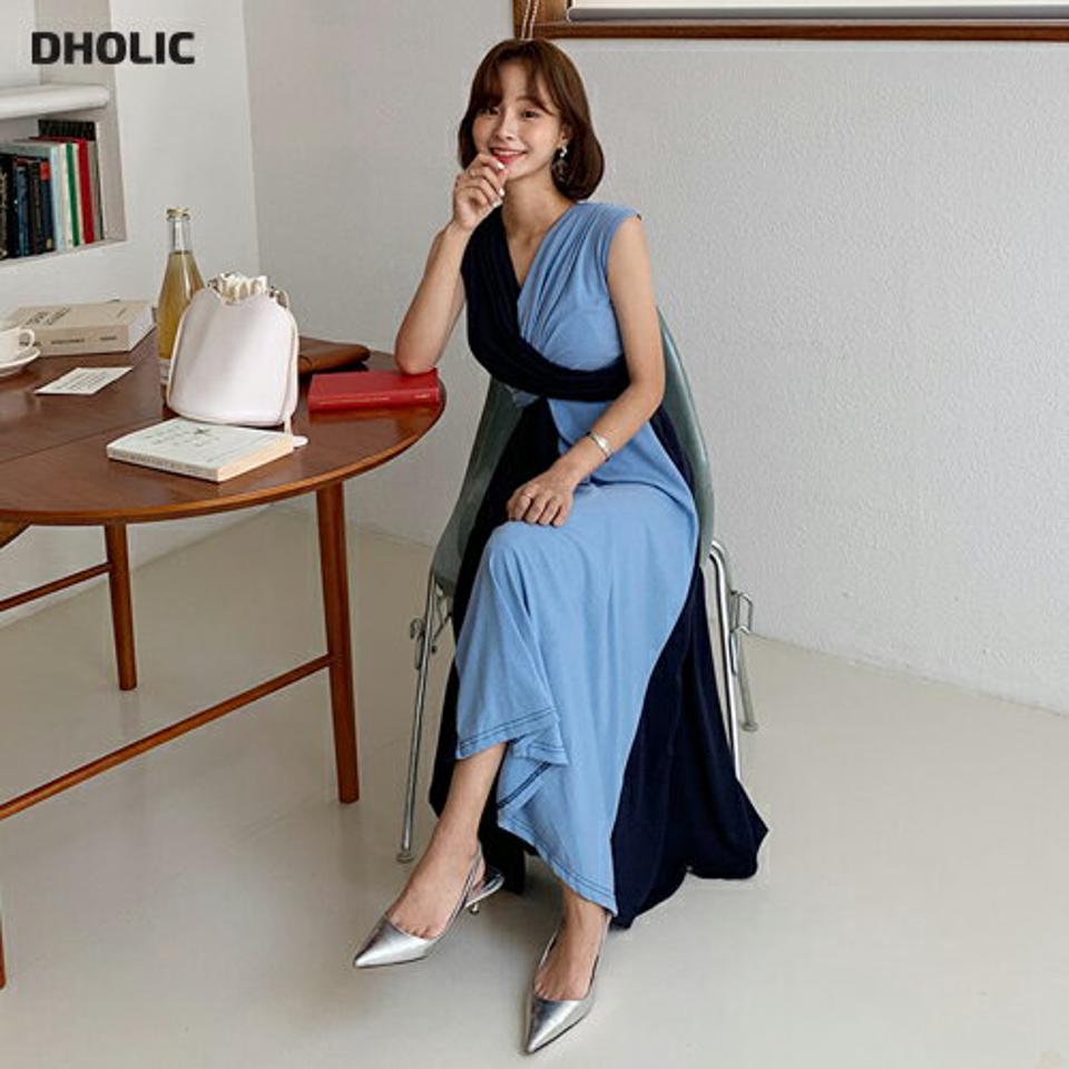 配色Vネックワンピース・全2色・b64457 レディース 【ops】韓国 ファッション ワンピース ロング ロングワンピース 半袖 フェミニン メリハリ 配色 ツイスト Aライン フレンチスリーブ フレア カジュアル 体型カバー 夏 春